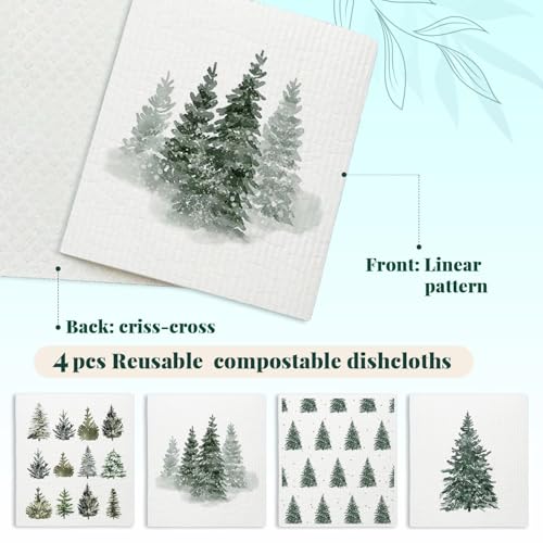 Christmas Pine Tree Swedish Dishcloths for Kitchen - Reusable & Washable 4 Pack - Christmas Tree Variation