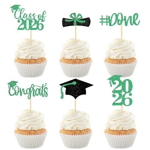 Green Glitter Graduation Cupcake Toppers Class of 2026 Party 24Pcs