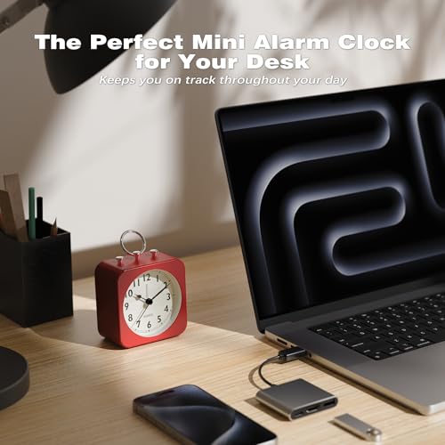 AYRELY Small Metal Alarm Clock - Red Square Bedside Table Clock