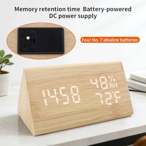 KESHIDE Bamboo Digital Alarm Clock, LED Electric Desk Clock with Dimmer