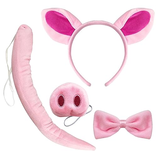 Pink Pig Ears Headband Nose Bow Tie and Tail Costume Set for Cosplay and Parties