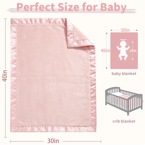 Light Pink Plush Baby Blanket with Satin Trim - 30x40 Inch