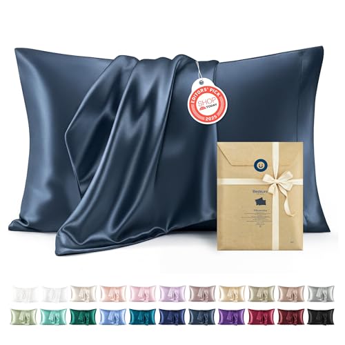 Bedsure Queen Satin Pillowcases Set of 2 - Blue, Hair & Skin Friendly