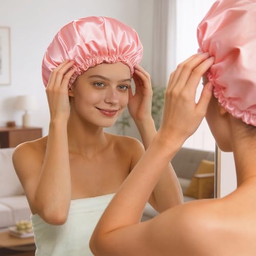 Confvrter Satin Lined Shower Cap Waterproof for Curly Hair Peach Pink