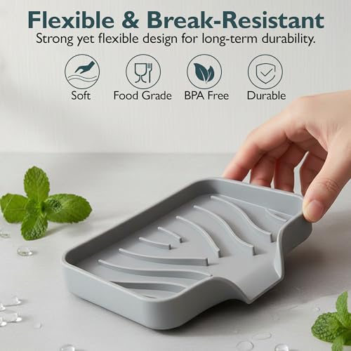 1 Pack Self Draining Silicone Soap Dish with Drain Spout for Bathroom & Kitchen