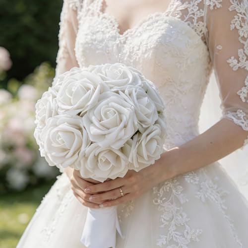 Aegero 25-Piece Ivory Foam Artificial Roses with Bendable Stems