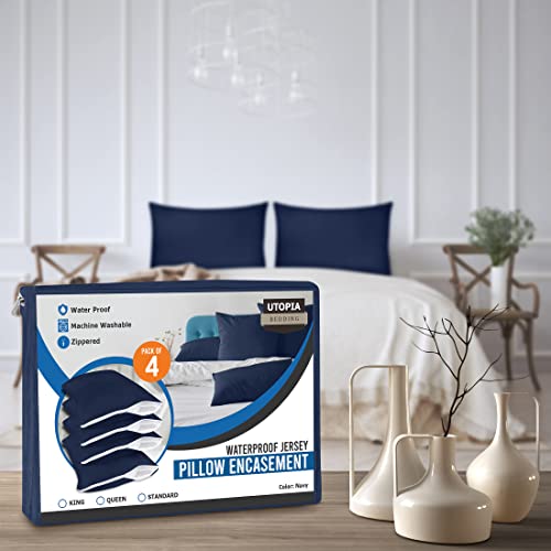 Utopia Bedding Queen Pillow Protectors - Waterproof Zippered Covers, Navy (4-Pack)