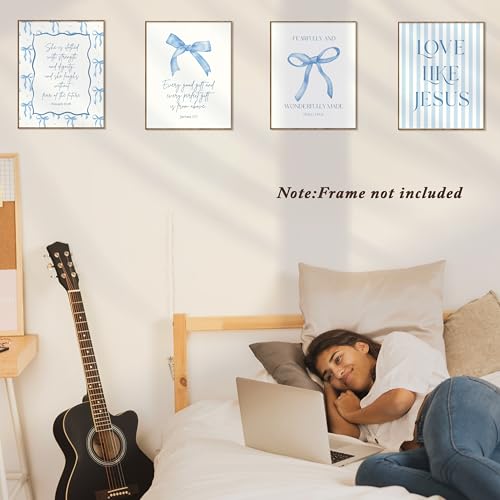 Blue Bow Wall Art Set - 4PCS Bible Verse Posters for Bedroom Decor