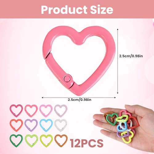 12 Pcs Heart Shaped Keychain Clip Cute Carabiner, Zinc Alloy Spring Snap Hooks for Keys, Bags, Camping, Hiking, Fishing, Travel, DIY Crafts, Fashion Accessories (12 Color)