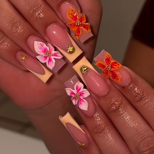 Long Square Press On Nails Yellow French Acrylic False Nails with Shell Design & Rhinestones