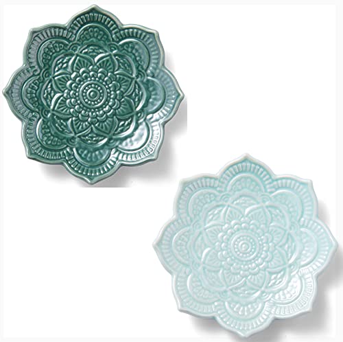 Elegant Mandala Ceramic Ring Dish Set - 2-Pack in Green & Blue