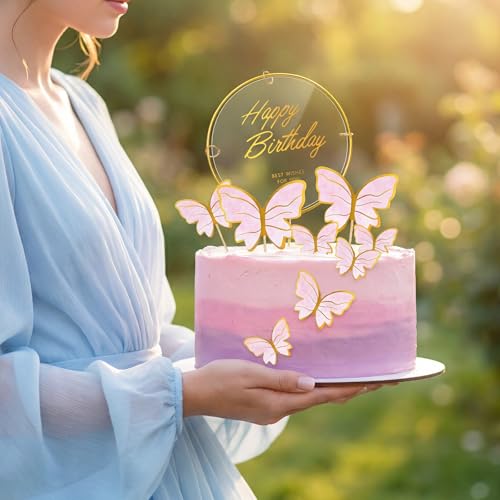 Butterfly Cake Toppers Set - 10 Pink Decorations with Gold Happy Birthday Topper