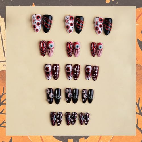 Halloween Press on Nails Medium Almond Fake Nails with 3D Bloody Eyeballs