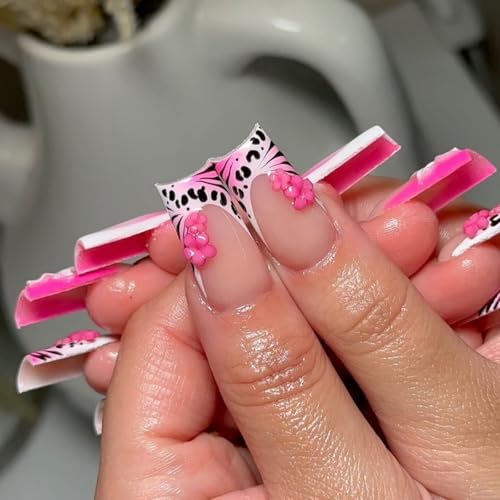 Pink French Press On Nails Long Square Fake Nails with 3D Flowers 24pcs