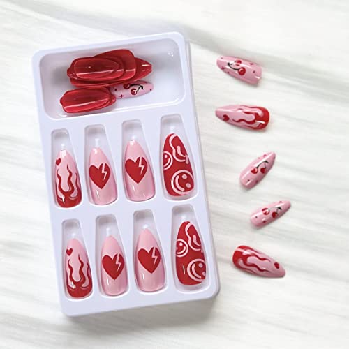FRUZJAY Red Almond Press on Nails with Cute Flower and Heart Design
