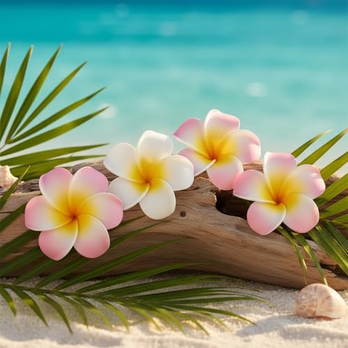 ZLmoue Hawaiian Plumeria Hair Flower Clips 4Pcs 7cm White and Pink
