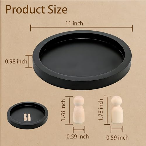 11-Inch Round Decorative Wood Tray - Matte Black Farmhouse Coffee Table Decor