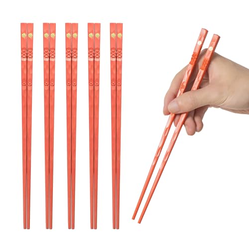 HuaLan Reusable Fiberglass Chopsticks Set - 5 Pairs, 9.5" Non-Slip, Dishwasher Safe, Orange