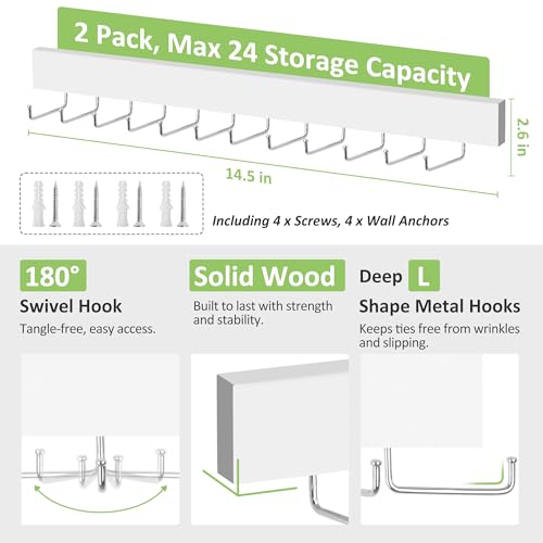 Wall-Mounted Wooden Tie Hanger with 24 Non-Slip Hooks - 2 Pack