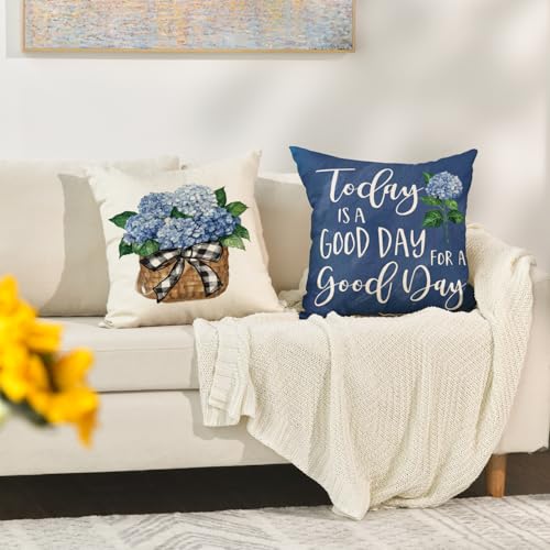 Blue Hydrangea Throw Pillow Covers - 18x18 Inch Set of 4