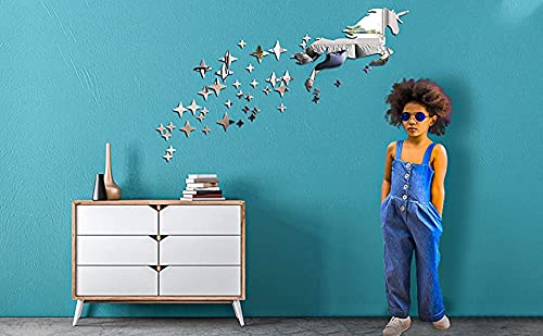 Unicorn Mirror Wall Stickers, Removable Acrylic Mirror Wall Sticker Decals, DIY Self Adhesive Stars Art Wall Decal Murals Home Wall Decoration Stickers for Living Room Kids Bedroom Office Baby Nursery