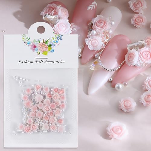 3D Acrylic Rose Nail Charms with Pearls and Beads - 30 Pcs