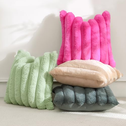 Camel Faux Rabbit Fur Throw Pillow Cover 18x18 Inch - Cozy Plush Cushion for Sofa & Bed