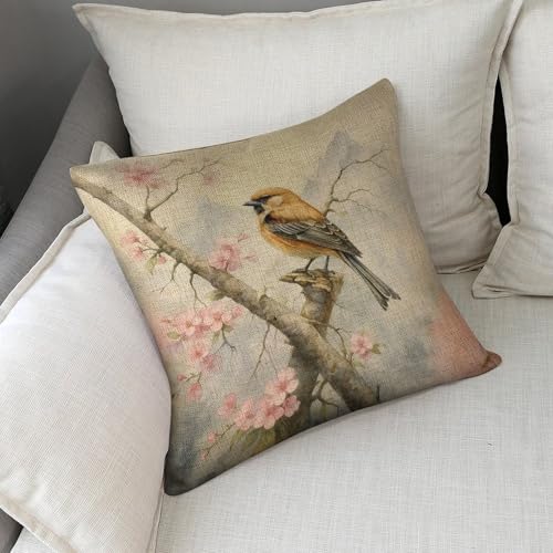 mydtiz Bird on Branch Throw Pillow Cover 18x18 Linen Cushion Case