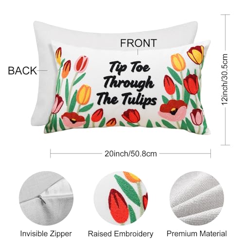 Embroidered Flower Tulip Pillow Cover 12x20 Inch for Home Decor