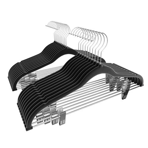 VECELO 20 Pack Velvet Clothes Hangers with Adjustable Clips,Heavy-Duty Non Slip & Space-Saving with 1 Magic Hangers & 2 Tie Rack for Suit Coat Pants Skirt Dresses