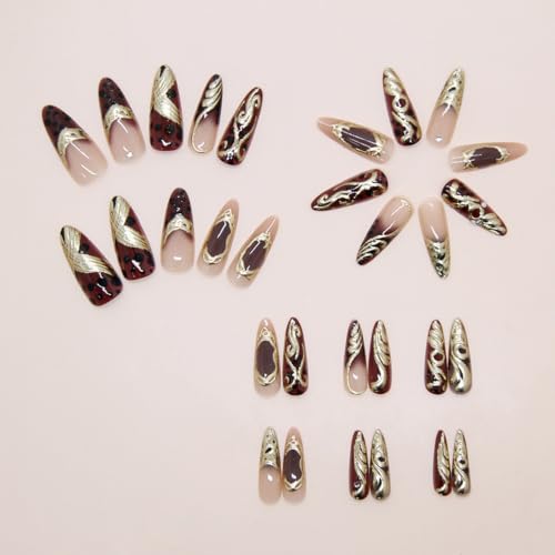 Long Almond French Tip Press on Nails Chrome Gold Leopard Print False Nails