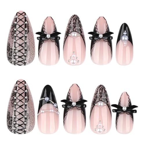 Black Lace Bow French Tip Medium Almond Press on Nails with Pearls