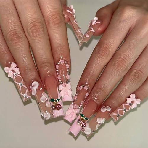 Long Coffin Press on Nails Pink French False Nails with Cherry and Bow