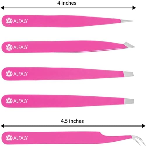 Alfaly 5-Piece Stainless Steel Professional Tweezer Set with Storage Case