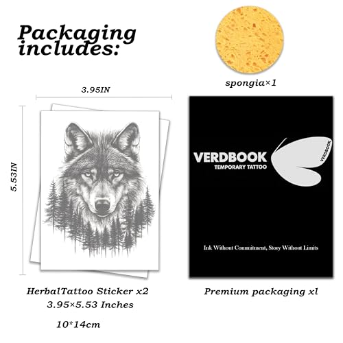 VERDBOOK Semi-Permanent Jungle Wolf Temporary Tattoos - 2 Sheets