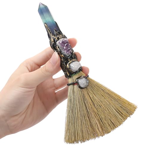 RENEMEGO Fluorite Witchcraft Broom - Wiccan Decor with Healing Crystals