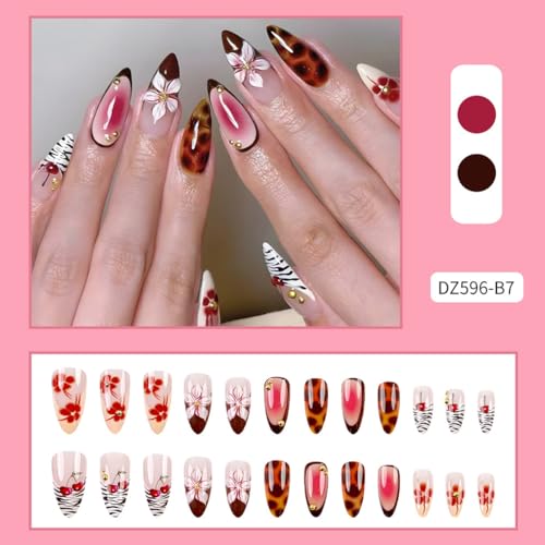 OSTTMA Flower Leopard Print Press on Nails Almond Medium French Fake Nails