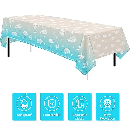 Beach Seashell Party Tablecloths, Disposable Ocean Theme Table Covers, 3 Pack