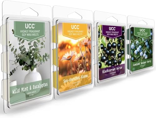 UCC Premium Soy Wax Melts - 4 Pack Scented Mix (Sun-Drenched Blooms, Blackcurrant Nectar, Candied Juniper Berry)