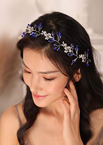 Kercisbeauty Blue Crystal Wedding Headband Silver Hair Piece for Women