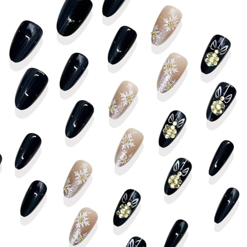 Christmas Press on Nails Medium Almond Fake Nails Glitter French Tip