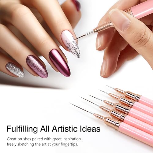 Kootinn 5 Pcs Pink Nail Art Liner Brushes Set - Fine Detail Painting Tools