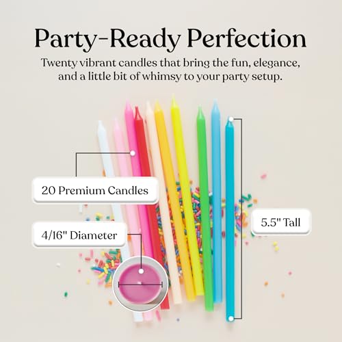 Rainbow Birthday Cake Candles - 20 Count Tall & Skinny