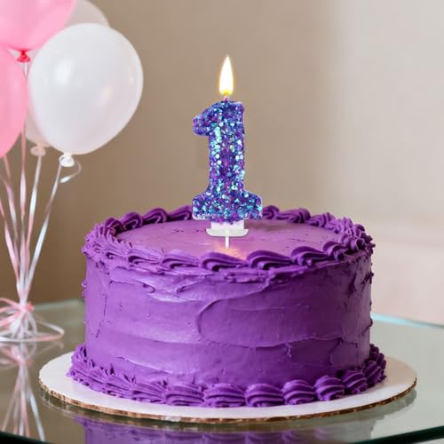 Purple Number Birthday Candle with Sequins - Romantic Cake Topper
