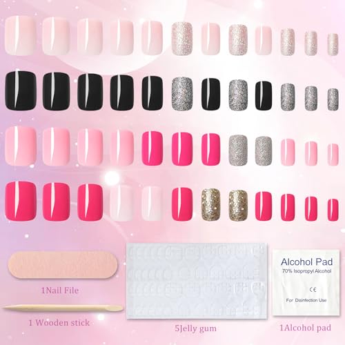 EternalClassic Short Square Press on Nails Kit - 96 Pcs Glossy Acrylic Fake Nails with Glitter Designs