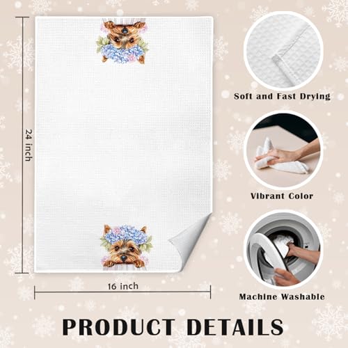 JINYO Blue Hydrangea Yorkshire Terrier Kitchen Towels, 16x24