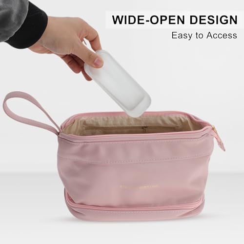 GLIDESMOOTH Double Layer Travel Makeup Bag - Waterproof PU Leather Toiletry Organizer with Brush Compartment, Pink