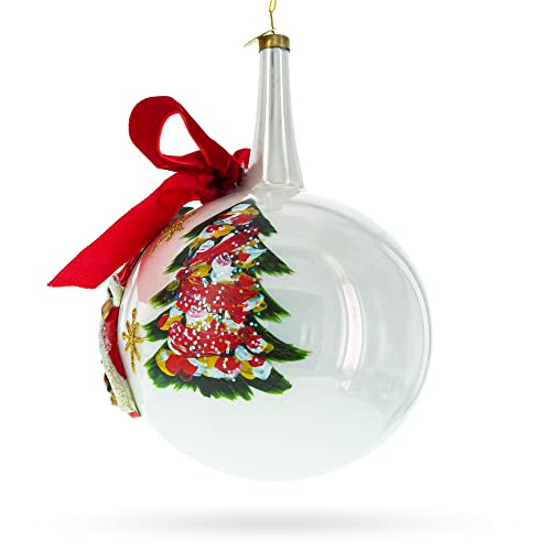 Large Santa, Tree & Red Bow Christmas Ornament - Handcrafted Glass Ball