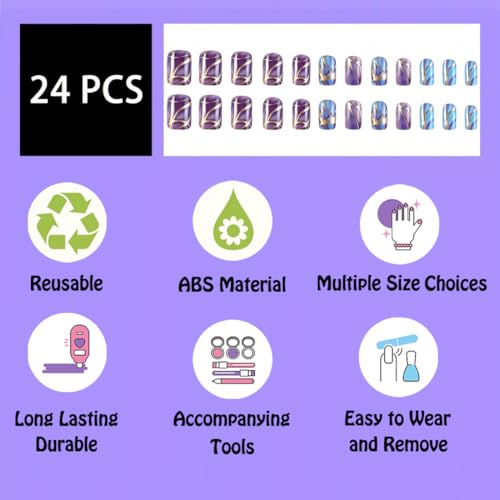 Square Purple Press on Nails with Gold Line Ombre Design False Nails