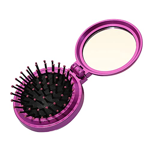 Folding Hair Brush with Mirror Round Mini Compact Travel Massage Comb Purple